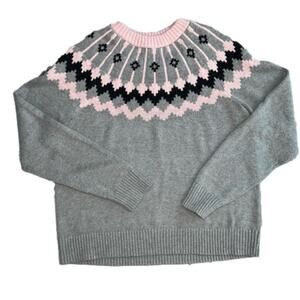 J. Crew Fair Isle Crew Neck Cotton Sweater Pink Gray Perfect Condition Size L